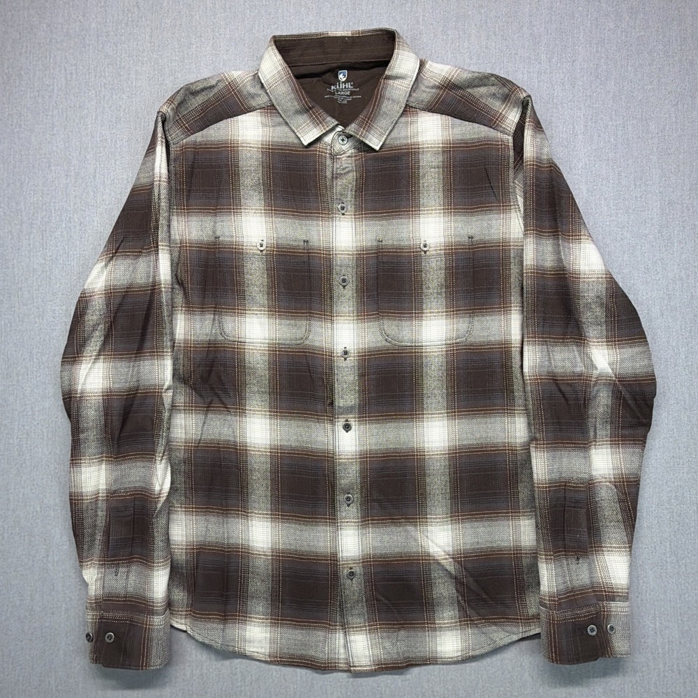 KUHL Law Flannel 7373 Mens Large Brown Plaid Chest Pockets Durable